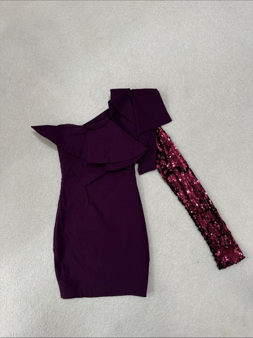 Aqua Deep Plum One-Shoulder Dress with Sequin Sleeve